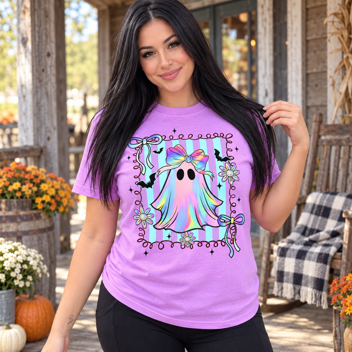 Neon Preppy Ghost violet graphic tee on model in a small-town fall setting
