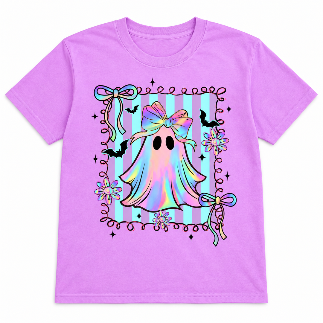 Neon Preppy Ghost violet graphic tee complete lay-flat on white