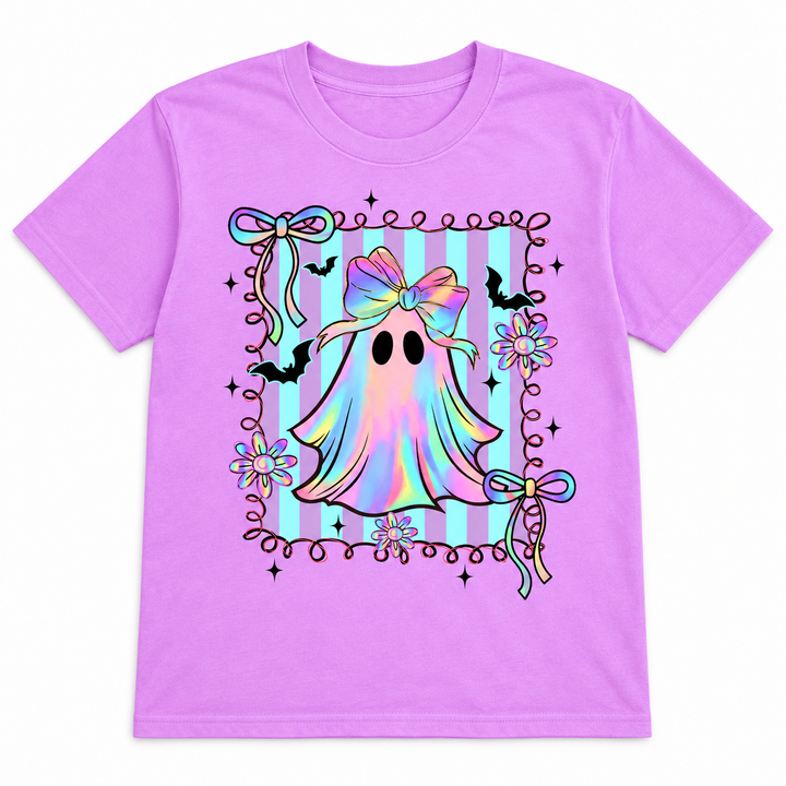 Neon Preppy Ghost violet graphic tee complete lay-flat on white