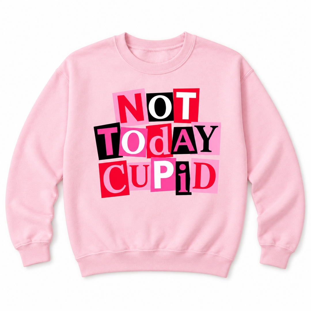 Not Today Cupid pink burn book sweatshirt flat product view on white background