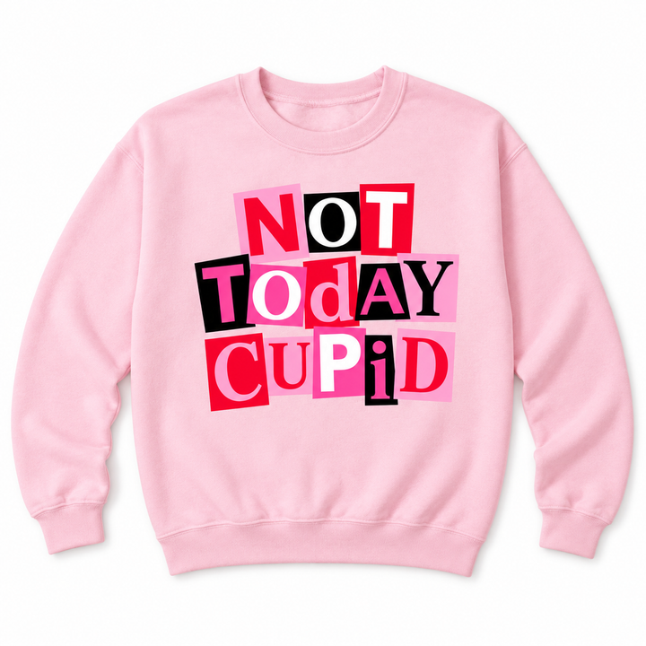 Not Today Cupid pink burn book sweatshirt flat product view on white background