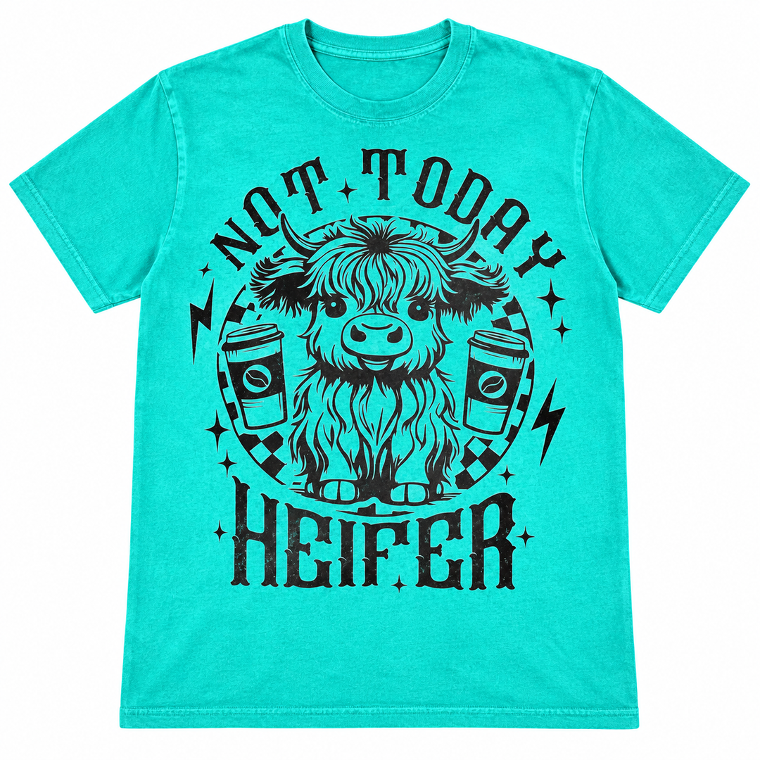 Island Green Not Today Heifer coffee graphic tee laid flat on pure white