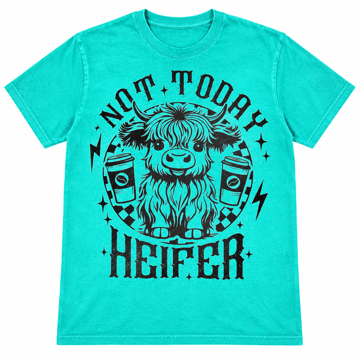 Island Green Not Today Heifer coffee graphic tee laid flat on pure white