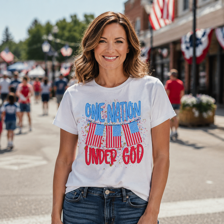 Woman wearing the One Nation Under God white patriotic graphic tee at a Fourth of July celebration