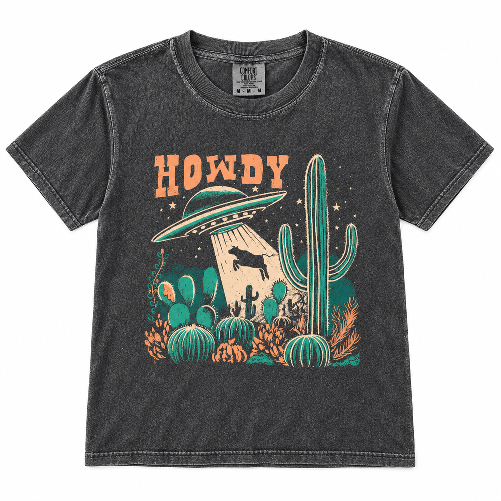 Orange Howdy UFO pepper graphic tee lay-flat on white