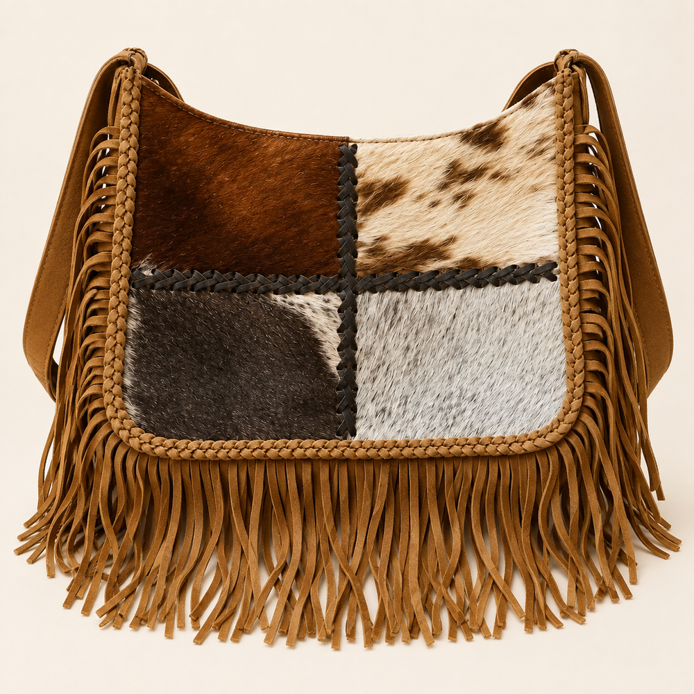 Outlaw Luxe four-panel cowhide patchwork shoulder bag with tan fringe, product view