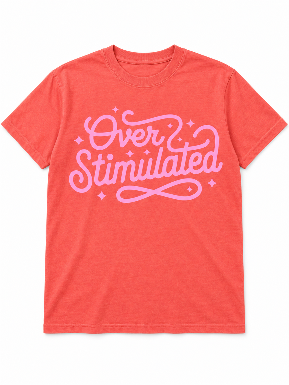 Overstimulated light salmon tee lay-flat on white