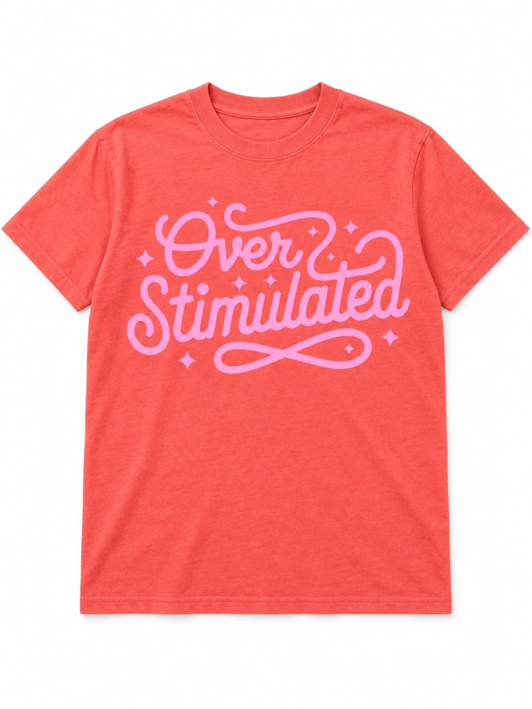 Overstimulated light salmon tee lay-flat on white