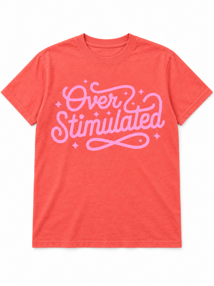 Overstimulated light salmon tee lay-flat on white