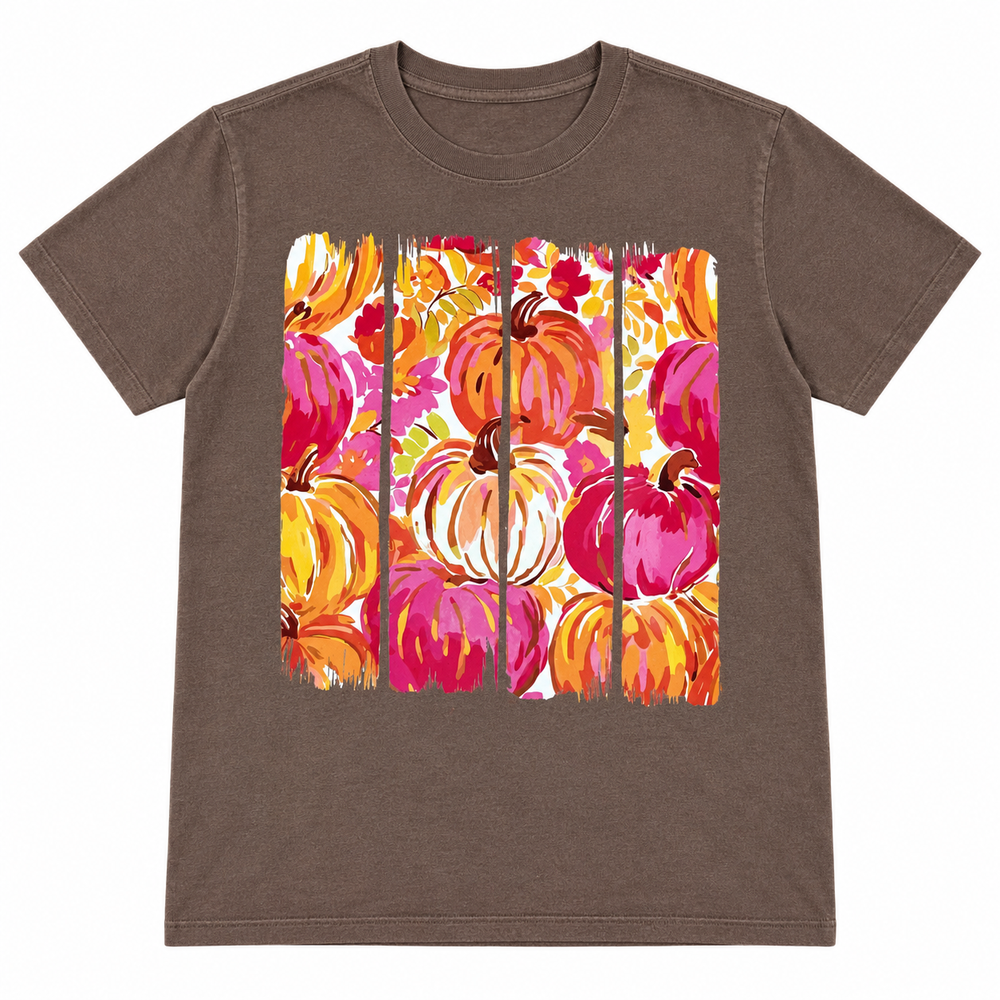 Paint-Stroke Pumpkin brown fall graphic tee laid flat on a pure white background