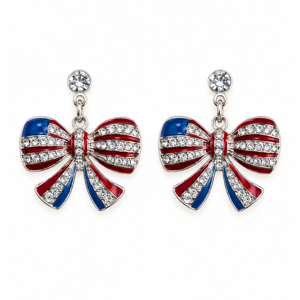 Rhinestone patriotic bow dangle earrings flat product view