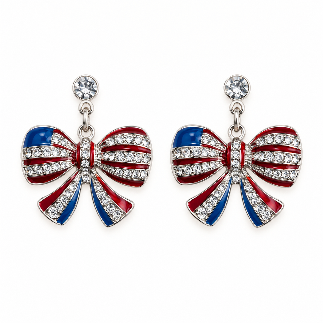 Rhinestone patriotic bow dangle earrings flat product view