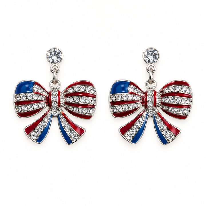 Rhinestone patriotic bow dangle earrings flat product view