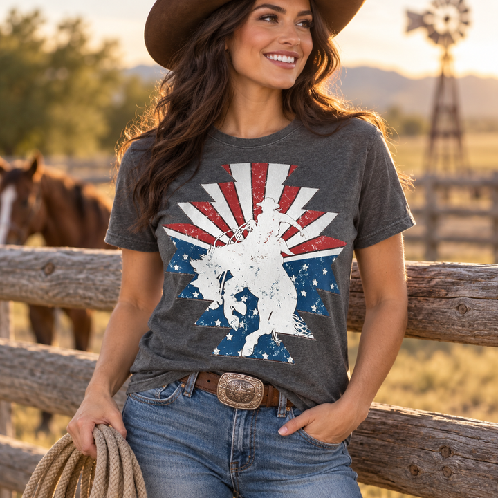 Woman wearing Patriotic Bronc Rider Graphic Tee at a Western ranch
