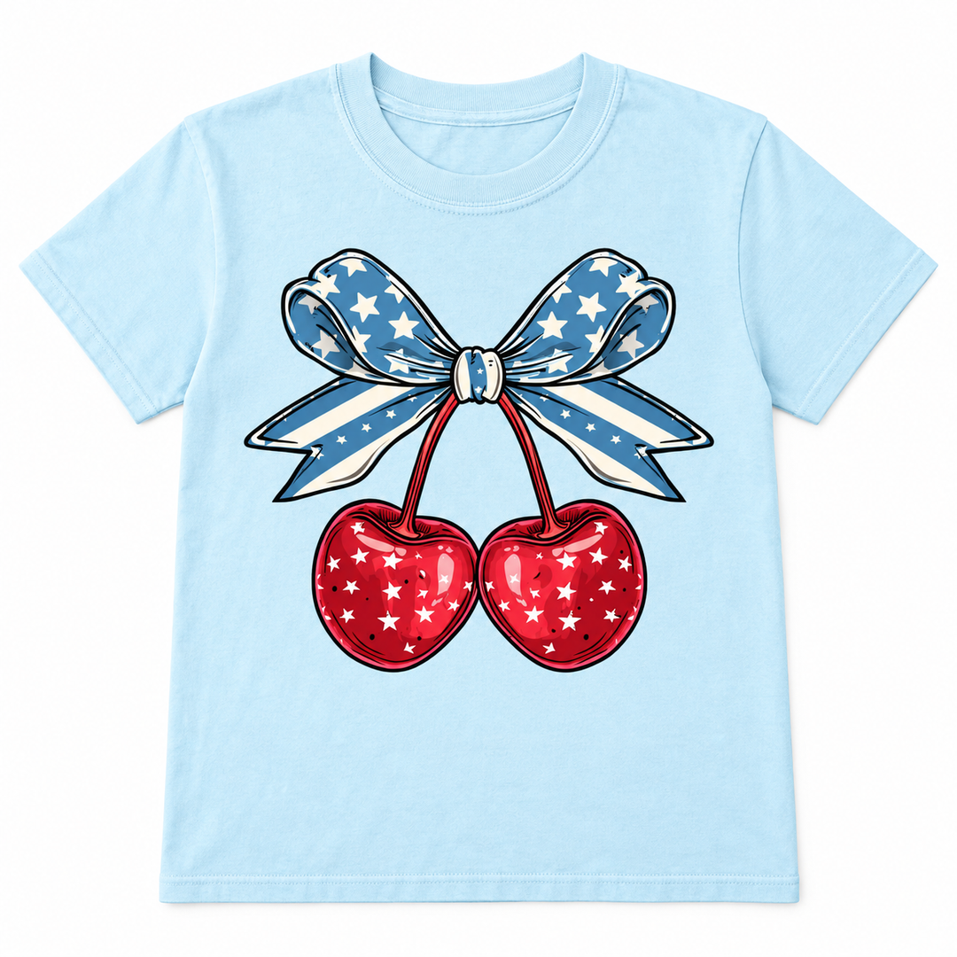 Patriotic Cherries Hydrangea Fourth of July Tee lay-flat on white background