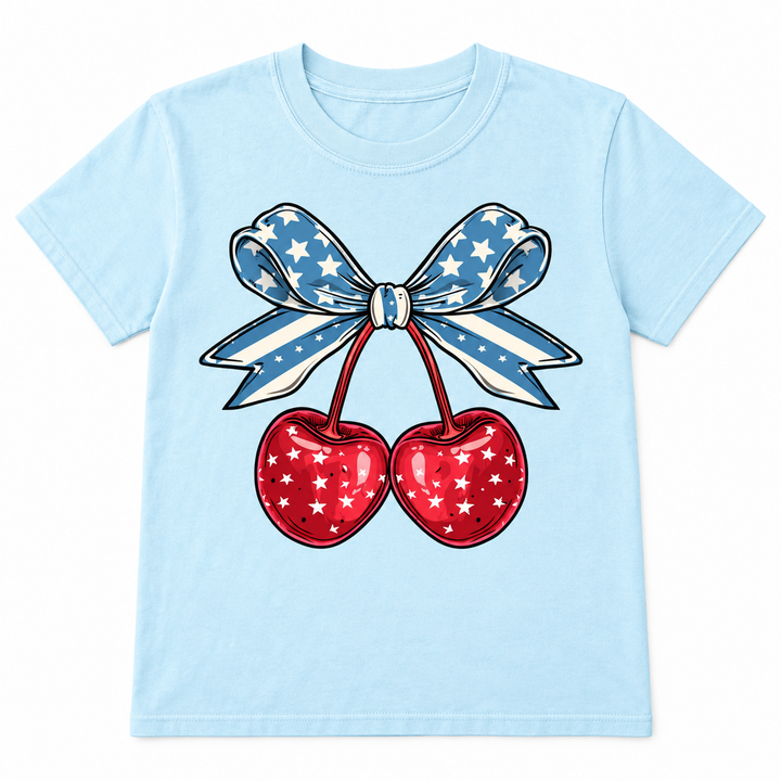 Patriotic Cherries Hydrangea Fourth of July Tee lay-flat on white background