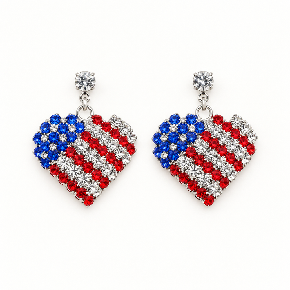 Rhinestone patriotic heart dangle earrings flat product view