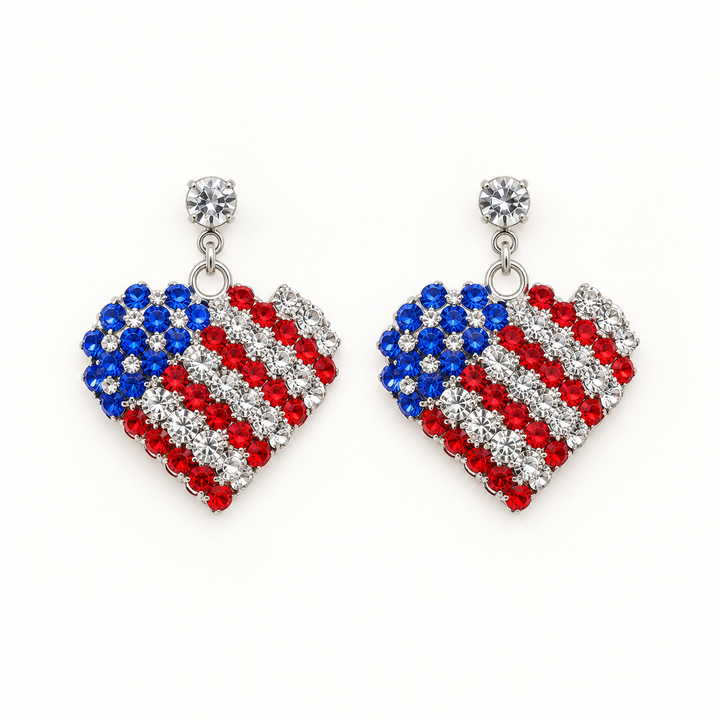 Rhinestone patriotic heart dangle earrings flat product view