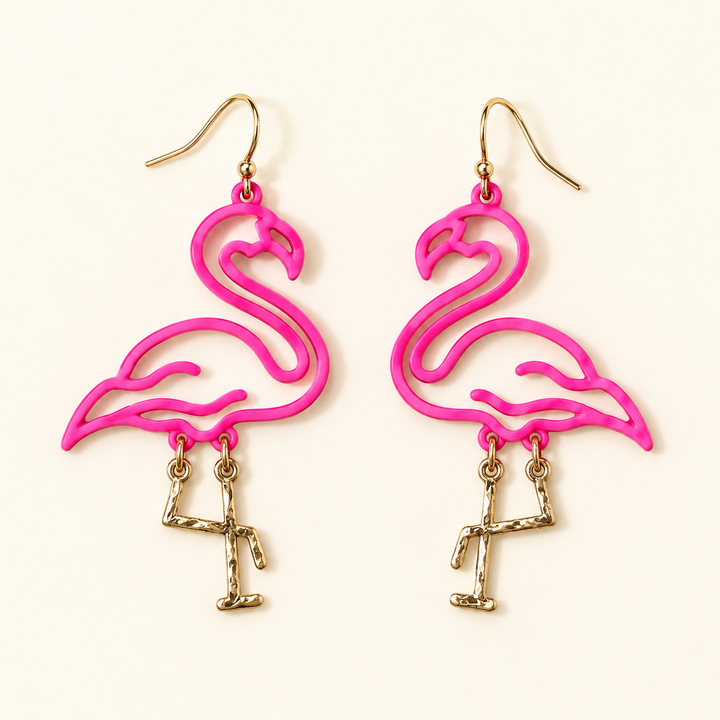 Pink flamingo dangle earrings flat product view