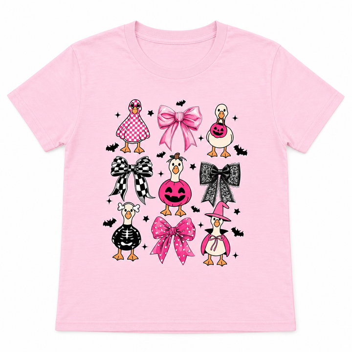 Pink Halloween Geese whimsical graphic tee flat lay on white