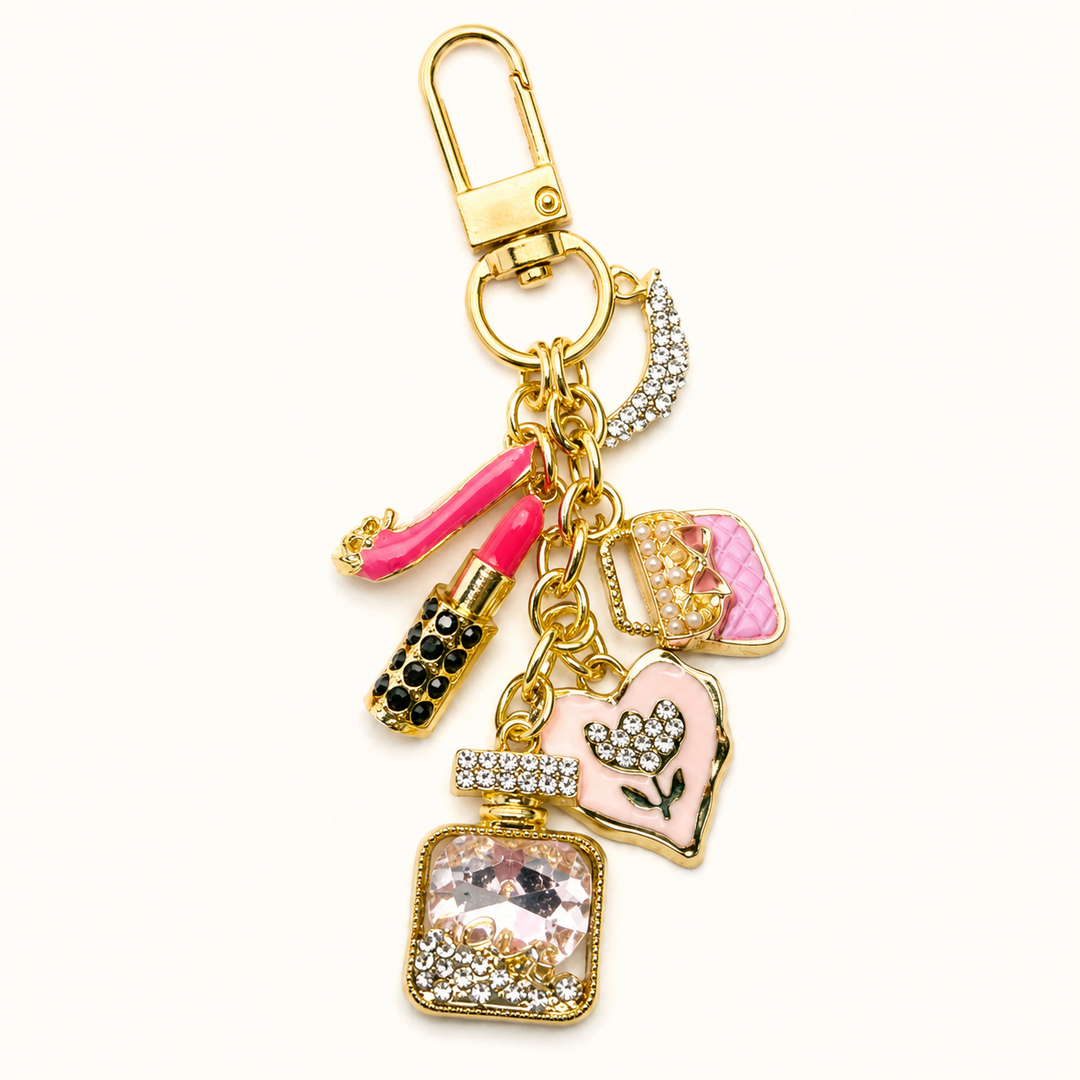 Pink rhinestone gold keychain and sparkly bag charm with heel lipstick heart handbag and crystal bottle