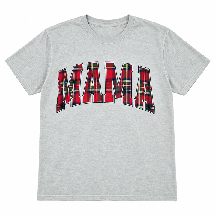 Plaid Mama sage buffalo check graphic tee laid flat on a pure white background