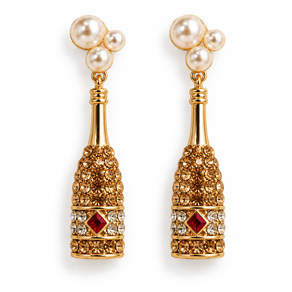 Pop the Bubbly champagne bottle earrings arranged on a clean white background