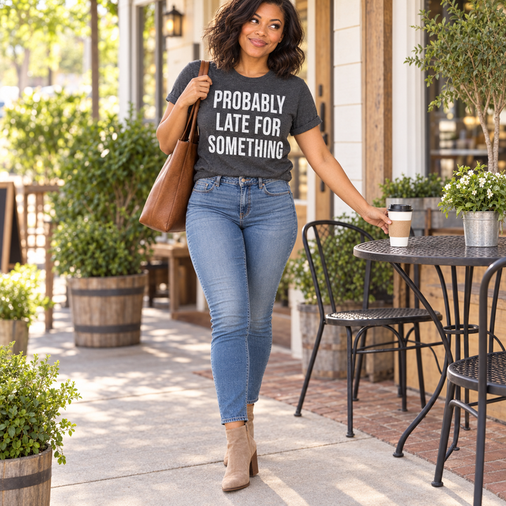 Probably Late For Something charcoal tee full-body small-town cafe lifestyle