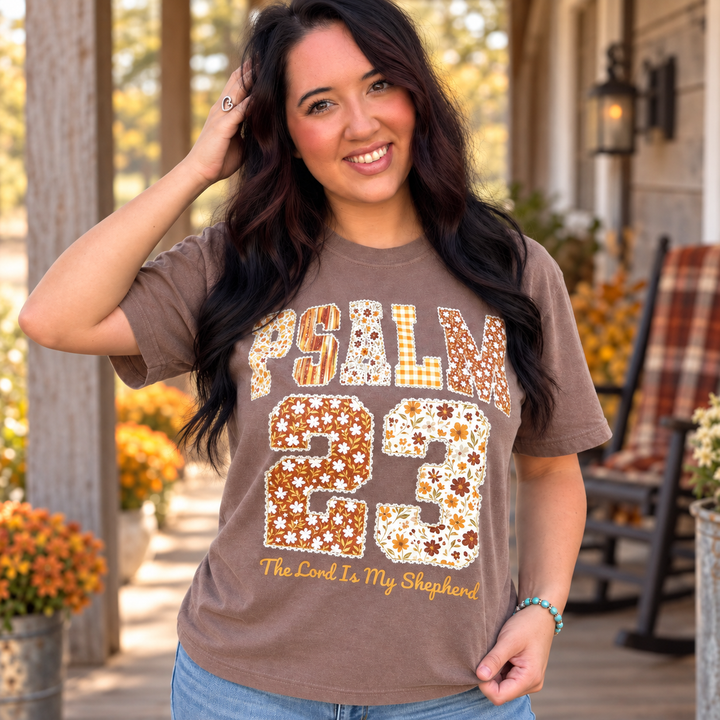 Psalm 23 espresso faith graphic tee close model view