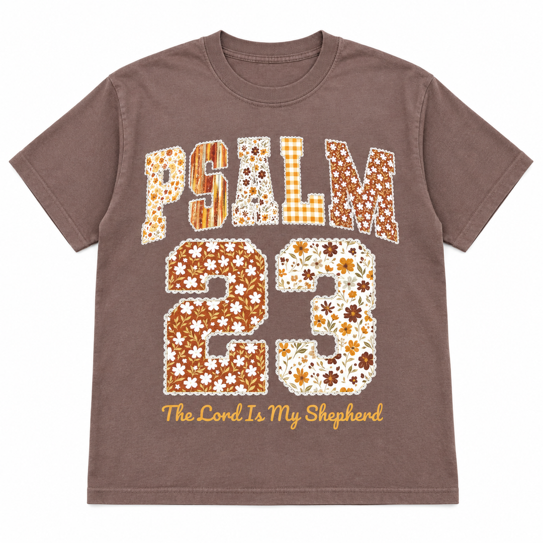 Psalm 23 espresso faith graphic tee complete lay-flat on white