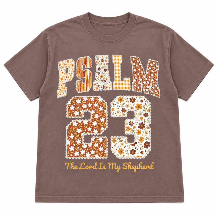 Psalm 23 espresso faith graphic tee complete lay-flat on white