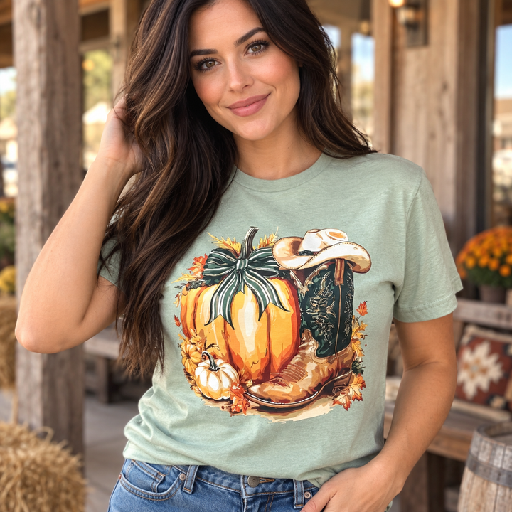Pumpkin Cowboy Boot sage graphic tee close model view