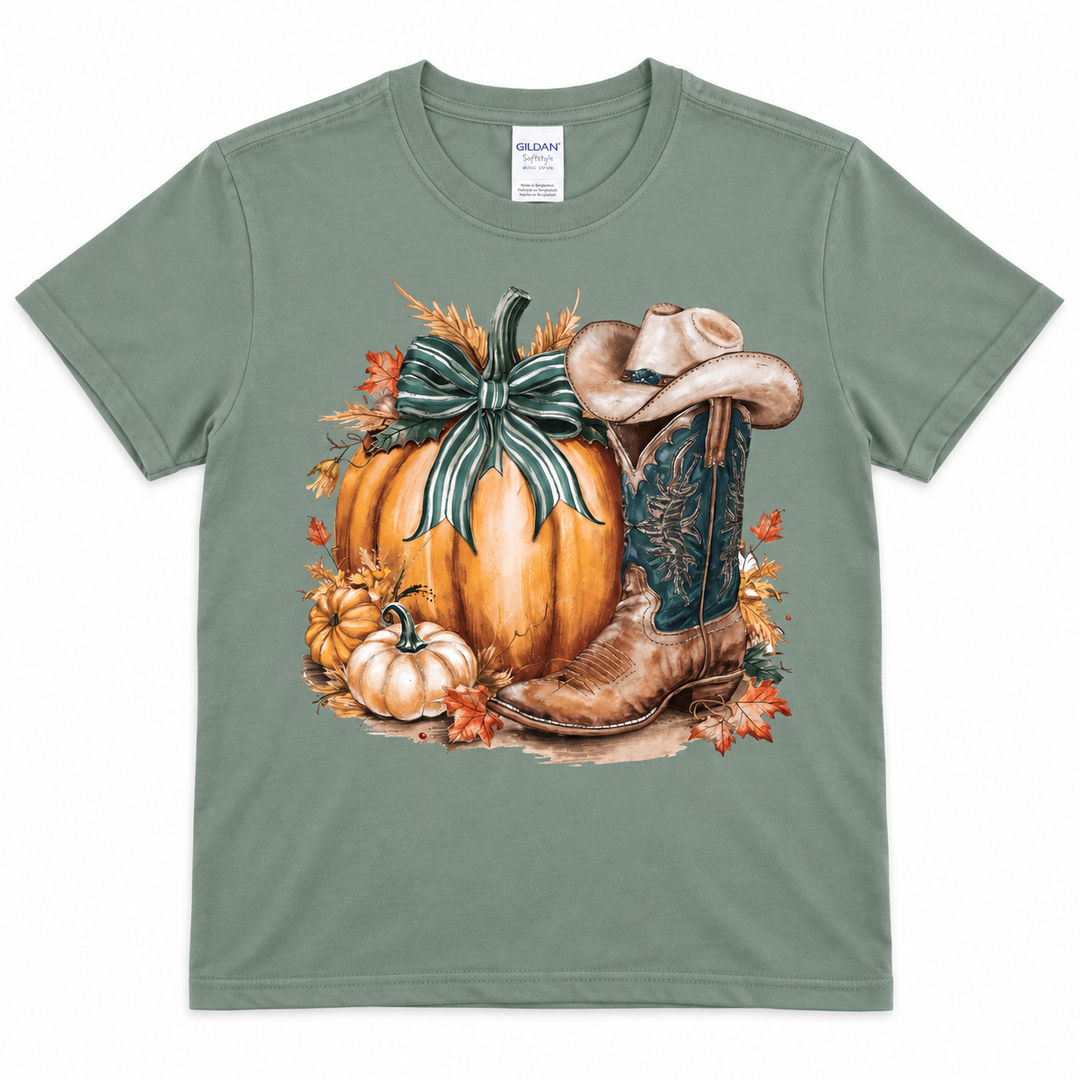 Pumpkin Cowboy Boot sage graphic tee complete lay-flat on white
