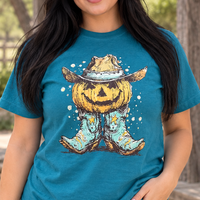 Pumpkin Cowboy Teal Western Fall Graphic Tee complete front model view