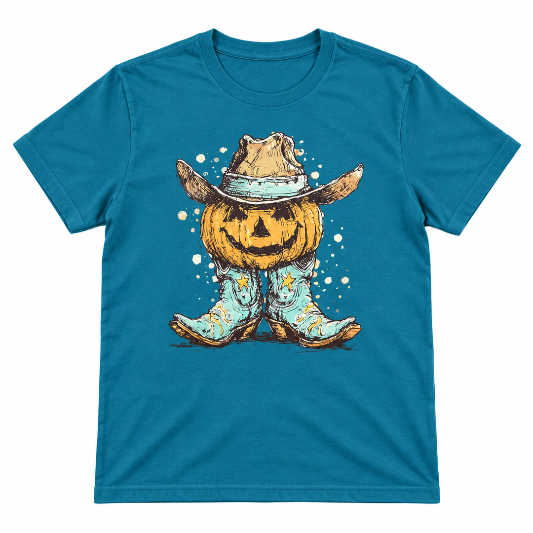 Pumpkin Cowboy Teal Western Fall Graphic Tee lay-flat on pure white background
