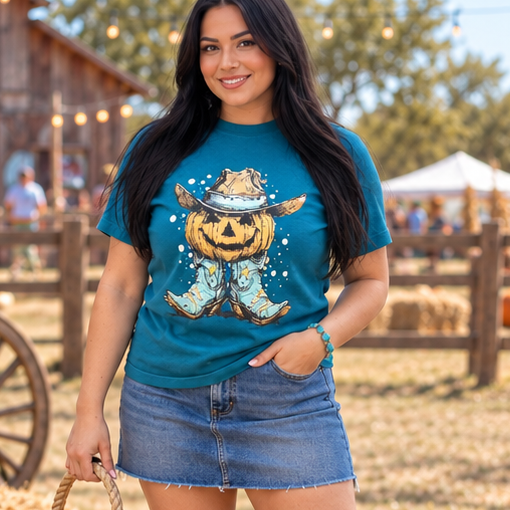 Pumpkin Cowboy Teal Western Fall Graphic Tee full-body ranch festival lifestyle