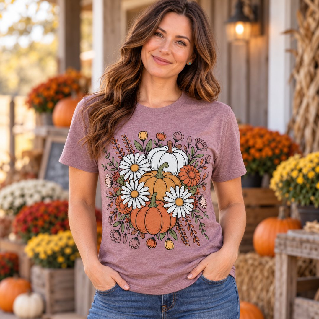 Pumpkin and Daisies heather mauve graphic tee close model view