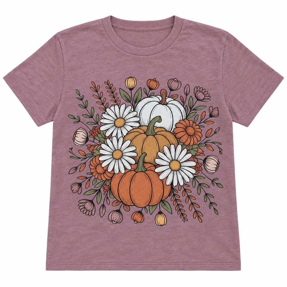 Pumpkin and Daisies heather mauve graphic tee complete lay-flat on white