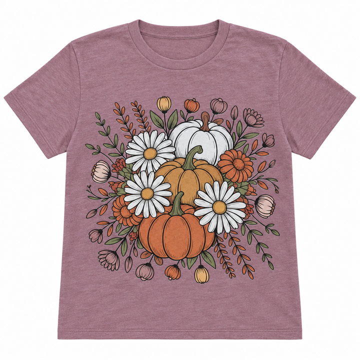 Pumpkin and Daisies heather mauve graphic tee complete lay-flat on white