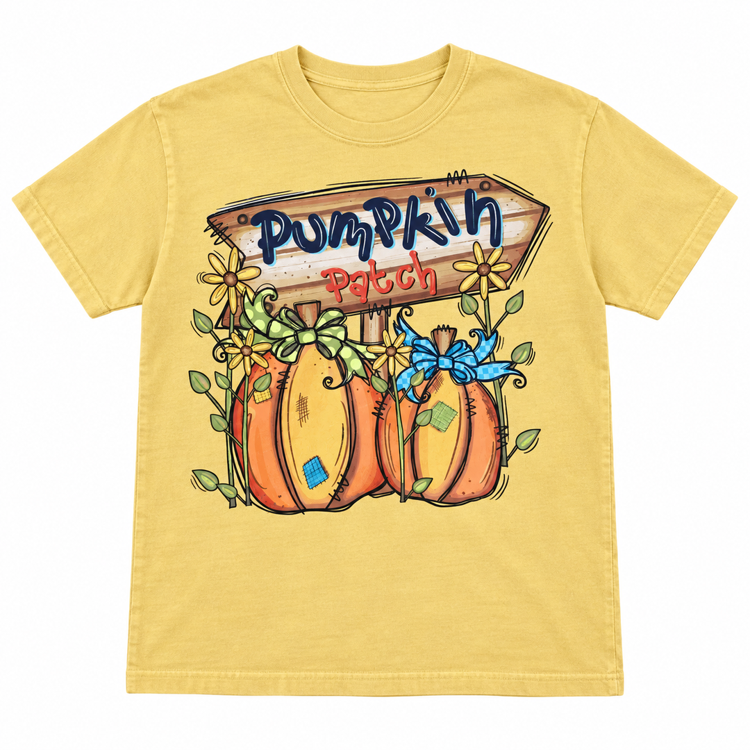 Pumpkin Patch mustard fall graphic tee flat lay on pure white