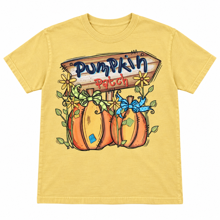 Pumpkin Patch mustard fall graphic tee flat lay on pure white