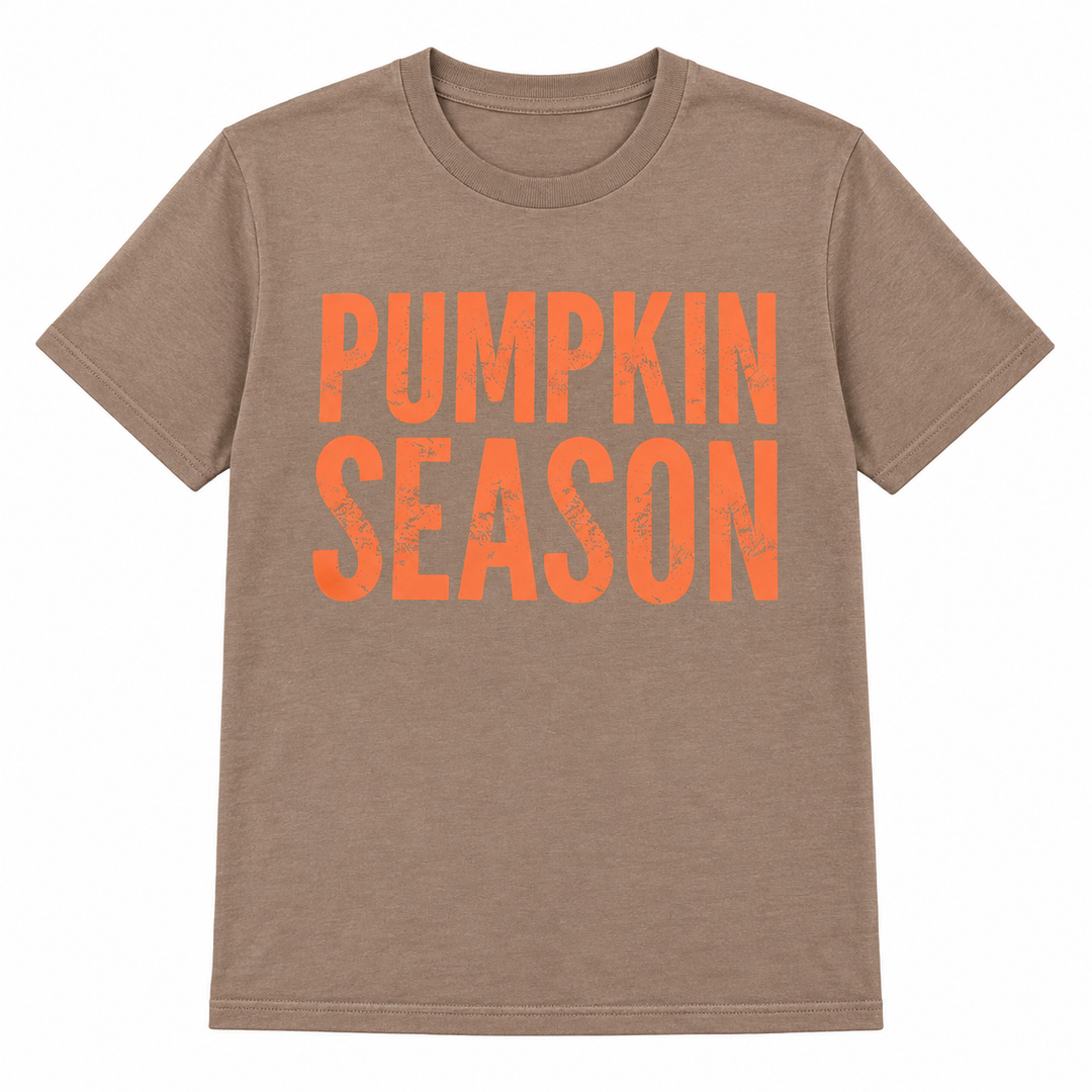 Distressed Pumpkin Season Brown Savana fall tee flat lay on white
