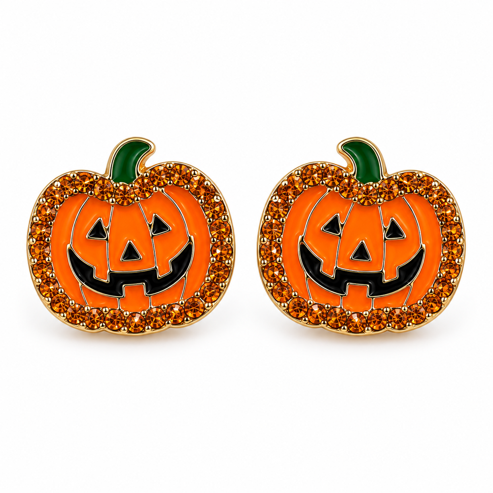 Pumpkin Sparkle jack-o-lantern stud earrings arranged on a clean white background
