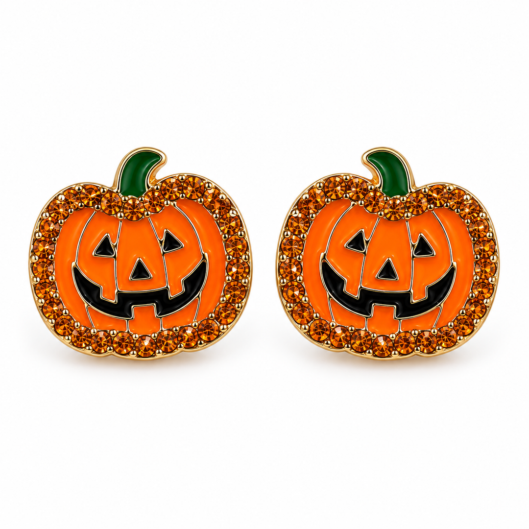 Pumpkin Sparkle jack-o-lantern stud earrings arranged on a clean white background