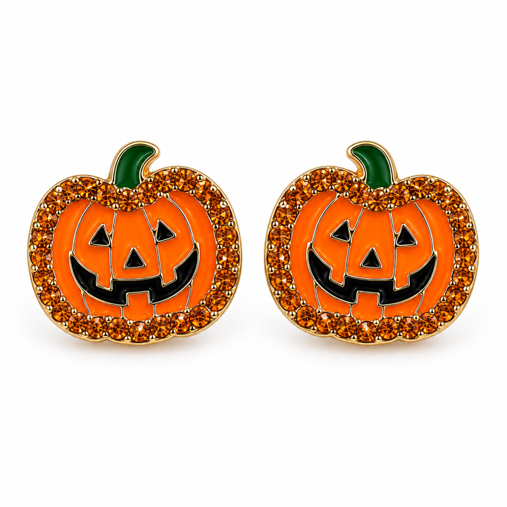 Pumpkin Sparkle jack-o-lantern stud earrings arranged on a clean white background