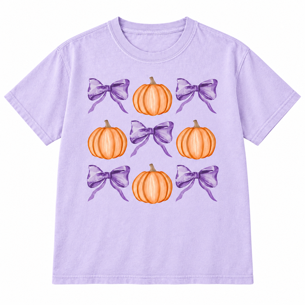 Pumpkins and Bows Orchid fall graphic tee flat lay on pure white