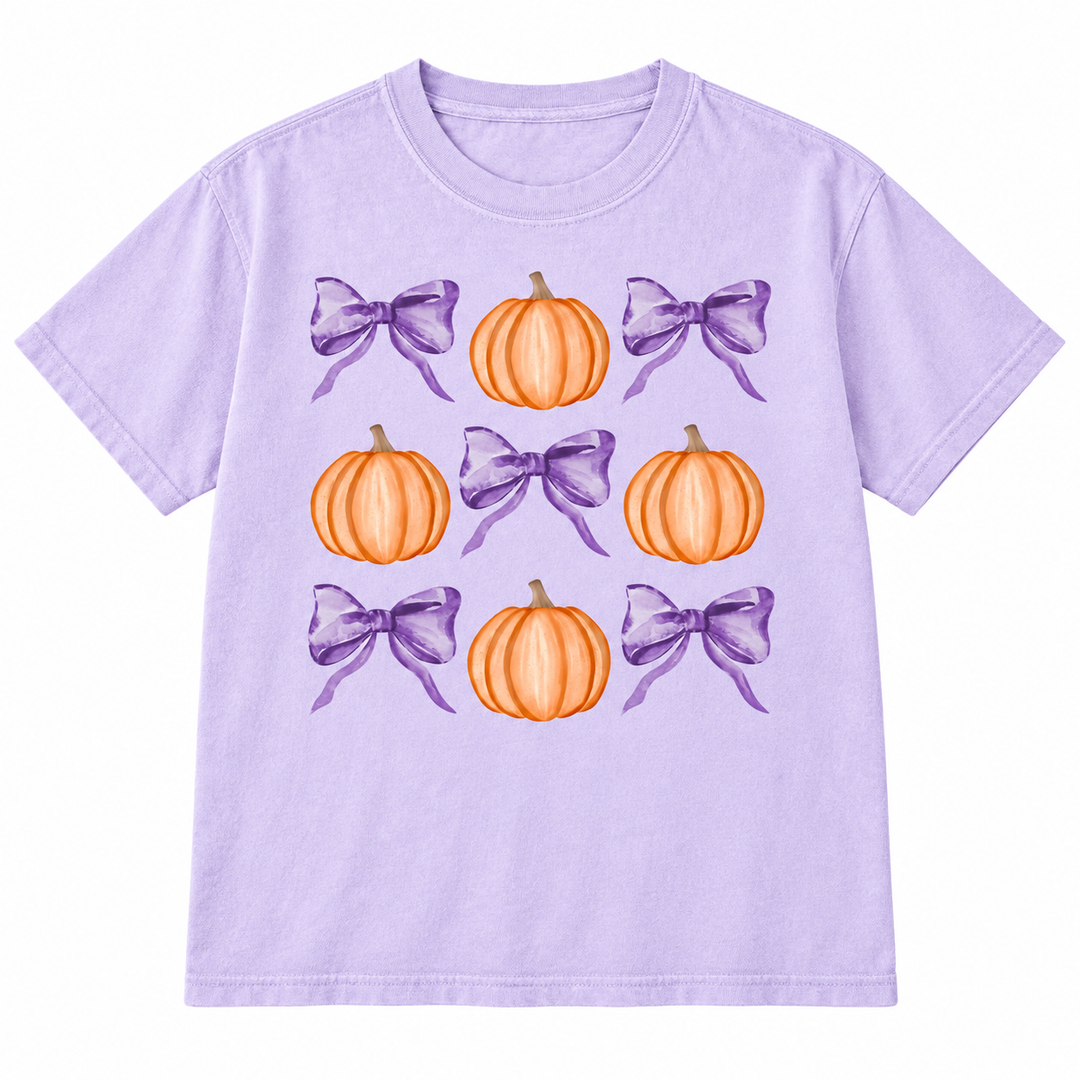 Pumpkins and Bows Orchid fall graphic tee flat lay on pure white