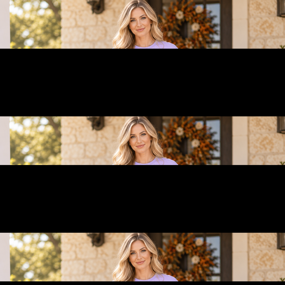 Full-body blonde wearing Pumpkins and Bows Orchid fall graphic tee in Central Texas