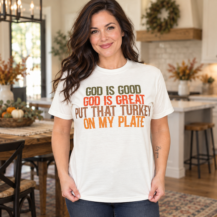Put That Turkey on My Plate Natural Thanksgiving Tee complete-head featured model portrait