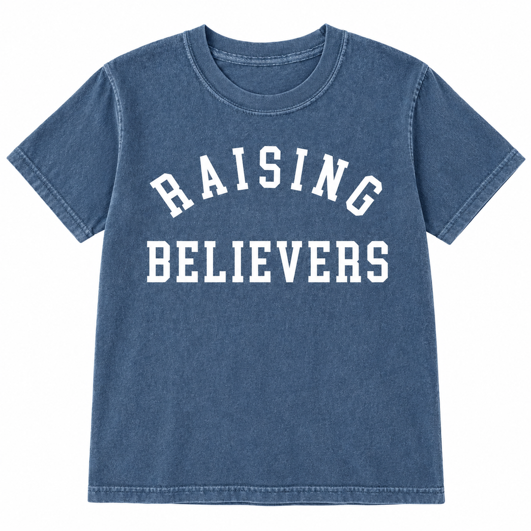 Raising Believers Blue Jean faith graphic T-shirt flat product view
